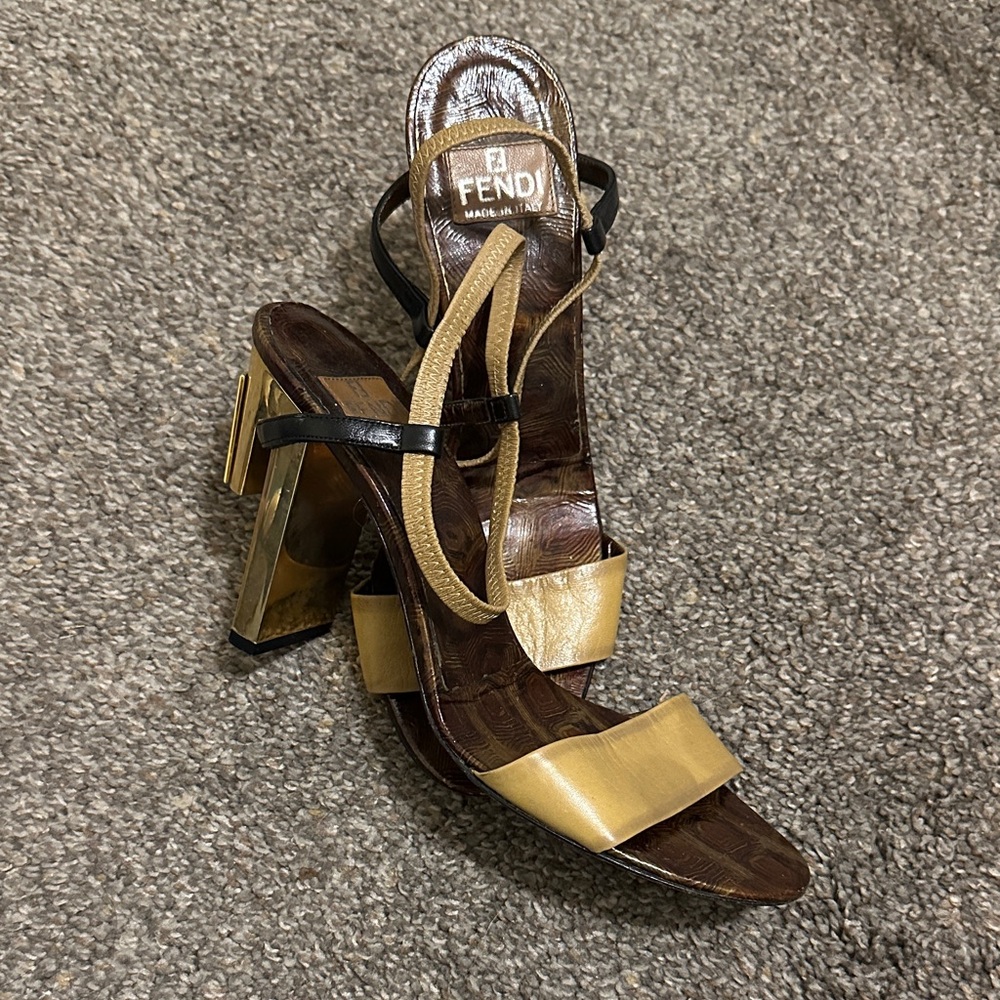 Fendi Brown and Gold Strappy Heels